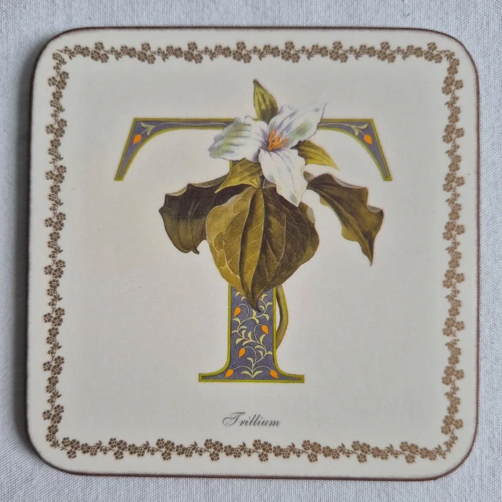 Pimpernel Coasters Cream Trillium Botanical Letter T Cork Back Set of 6